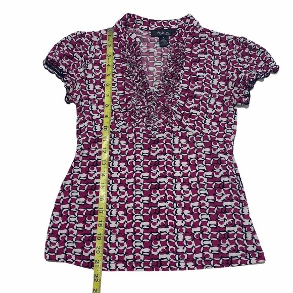 STYLE & Co Ruffled Printed Short Sleeve Blouse P - Picture 5 of 8